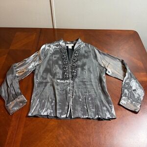 VTG Silver Metallic Satin Beaded Button Front Blouse 90s Y2K Glam